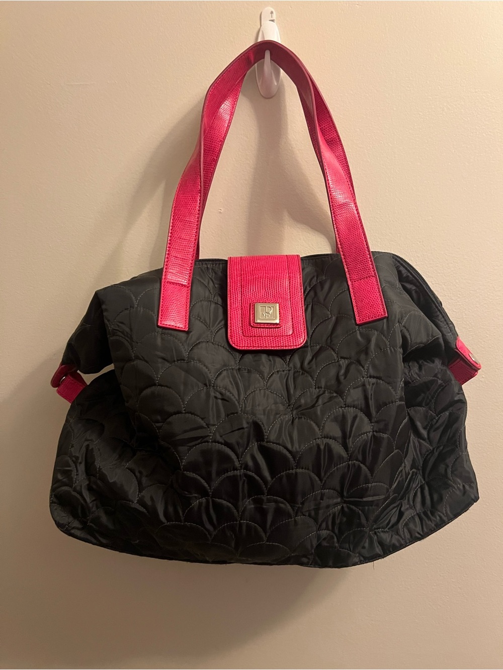 Victoria's Secret Black Quilted Tote with Hot Pink Handles